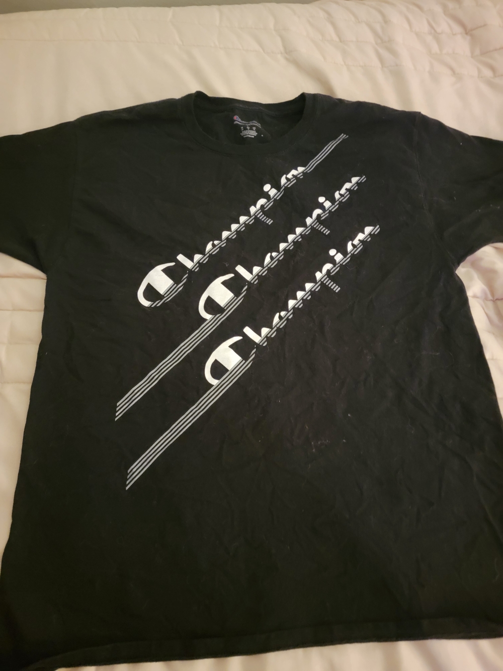 Champion Black Short Sleeve Tee with Diagonal White Logo Stripes